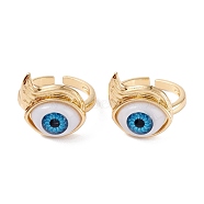 Brass Cuff Rings, Open Rings, with Resin Beads, Long-Lasting Plated, Real 18K Gold Plated, Evil Eye, Dodger Blue, 3mm, Inner Diameter: 17mm(RJEW-M138-28G-A)