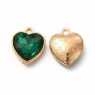 Faceted Glass Rhinestone Pendants, with Golden Tone Zinc Alloy Findings, Heart Charms, Dark Green, 16.5x14x6.5mm, Hole: 1.6mm(GLAA-I051-B22)