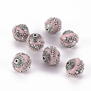Handmade Indonesia Beads, with Rhinestones and Alloy Cores, Round, Antique Silver, Flamingo, 14~16x14~16mm, Hole: 1.5mm(IPDL-R437-18)