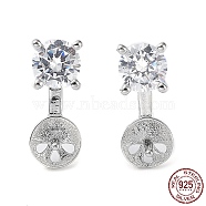 Rhodium Plated 925 Sterling Silver with Cubic Zirconia Stud Earring Findings, with S925 Stamp, for Half Drilled Pearl Beads, Flat Round, Real Platinum Plated, 12x4.8mm, Pin: 0.7mm & 0.8mm(STER-G036-05P)