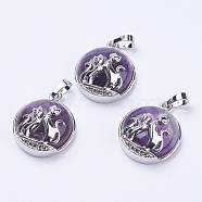 Natural Amethyst Pendants, with Brass Findings, Flat Round with Fox, Platinum, 28~29x23~24x9~10mm, Hole: 5x7mm(X-G-K234-A03)