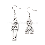 304 Stainless Steel Dangle Earrings, Skull, Stainless Steel Color, 45~60x11.5~14.5mm(EJEW-P271-07P)