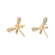 Rack Plating Brass Micro Pave Clear Cubic Zirconia Stud Earrings for Women, with Acrylic Beads, Cadmium Free & Lead Free, Dragonfly, Real 18K Gold Plated, 16x19.5mm, Pin: 0.9mm(EJEW-G311-05G)