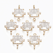 Glass Links connectors, with Brass Micro Pave Cubic Zirconia, Faceted, Cuboid, Light Gold, Clear, 17.5x14x5.5mm, Hole: 1.2mm(X-GLAA-T021-10G)