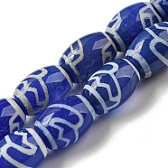 Blue Tibetan Style dZi Beads Strands, Dyed Natural Agate Beads Strands, Rice, Flower, 13.5~14x10~10.5mm, Hole: 1mm, about 25pcs/strand, 13.58 inch(34.5cm)(TDZI-NH0001-C02-01)