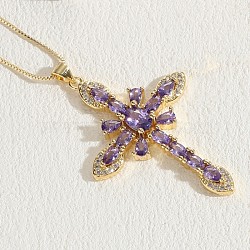 Cross Brass Micro Pave Cubic Zirconia Pendant Necklaces, Golden, Medium Purple, 17.72 inch(45cm)(FS-WG6E3F1-07)