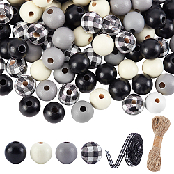 PANDAHALL ELITE DIY Wood Beads Jewelry Making Kits, Including 180Pcs 4 Colors Wood Beads, 1 Bundle Jute Cord and 1 Roll Polyester Ribbon, Mixed Color, 16mm, Hole: 4mm, 45pcs/color(DIY-PH0002-50)