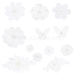 12Pcs 12 Style Flower/Butterfly Polyester Embroidery Sew on Clothing Patches, with Plastic Imitation Beads, Organza Applique, Sewing Craft Decoration, Mixed Patterns, 34~130x34~100x0.5~2mm, 1pc/style(PATC-CA0001-10)