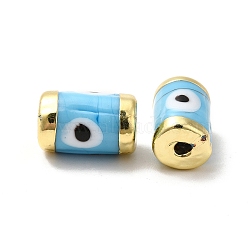 Handmade Evil Eye Lampwork Beads, with Light Gold Tone Brass Findings, Long-Lasting Plated, Lead Free and Cadimum Free, Column, Light Sky Blue, 14.5~15x9~9.5mm, Hole: 1.8mm(LAMP-M012-01LG-A)