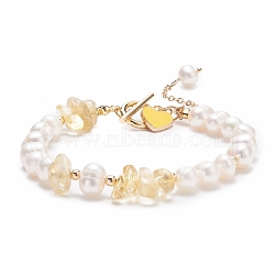 Natural Citrine & Pearl Beaded Bracelet with Alloy Enamel Heart Charms, Gemstone Jewelry for Women, Golden, 7-5/8 inch(19.4cm)(BJEW-JB08039-05)