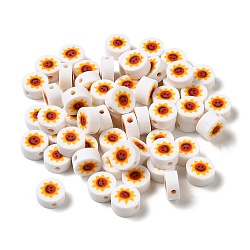 Handmade Polymer Clay Beads, Round with Sun, White, 9x4.5mm, Hole: 1.8mm(CLAY-Z001-18)