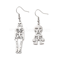 Non-Tarnish 304 Stainless Steel Dangle Earrings, Skull, Stainless Steel Color, 45~60x11.5~14.5mm(EJEW-P271-07P)