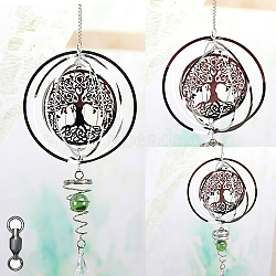 Stainless Steel Wind Chines, Outdoor, Home Hanging Decoration with Yellow Green Glass Beads, Stainless Steel Color, Tree of Life Pattern, 500x145mm(DJEW-PW0002-15E)