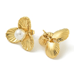 Flower Ion Plating(IP) 304 Stainless Steel Stud Earrings, ABS Plastic Pearl for Women, Polishing, Golden, 21.5x23mm(EJEW-G400-18G)