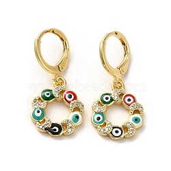 Evil Eye Real 18K Gold Plated Brass Dangle Leverback Earrings, with Enamel and Cubic Zirconia, Ring, 28.5x13.5mm(EJEW-Q797-01C-G)