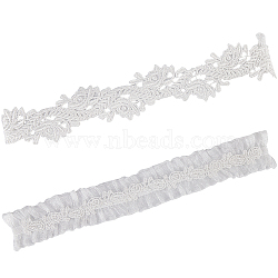 Flower Pattern Polyester Lace Elastic Bridal Garters, Wedding Garment Accessories, White, 220x35mm & 170x22.5mm, 2pcs/set(AJEW-WH0470-01)