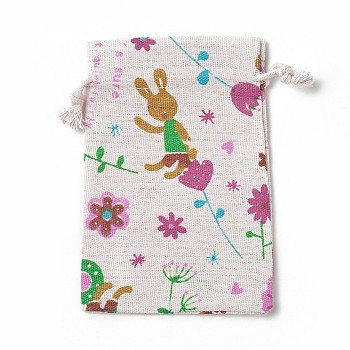 Bunny Burlap Packing Pouches, Drawstring Bags, Rectangle with Rabbit & Flower Pattern, Colorful, 14~14.4x10~10.2cm
