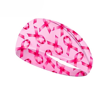 October Breast Cancer Pink Awareness Ribbon Printed Polyester Headbands, Wide Elastic Wrap Hair Accessories for Girls Women, Hot Pink, 100x230mm