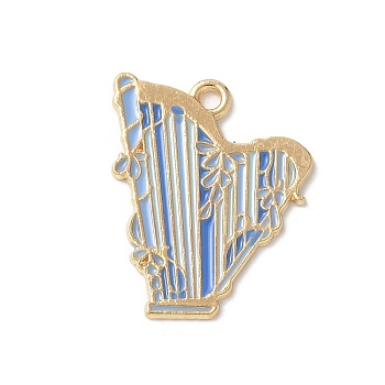 Alloy Enamel Pendants, Musical Instrument with Flower Charm, Golden, Harp, 24.5x20x1mm, Hole: 1.8mm