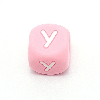Silicone Alphabet Beads for Bracelet or Necklace Making, Letter Style, Pink Cube, Letter.Y, 12x12x12mm, Hole: 3mm
