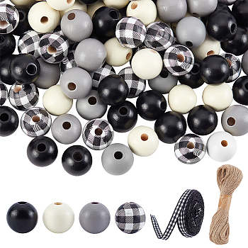 PANDAHALL ELITE DIY Wood Beads Jewelry Making Kits, Including 180Pcs 4 Colors Wood Beads, 1 Bundle Jute Cord and 1 Roll Polyester Ribbon, Mixed Color, 16mm, Hole: 4mm, 45pcs/color