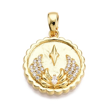 Brass Micro Pave Cubic Zirconia Pendants, Gear with Wings Charms, Real 18K Gold Plated, 19.5x17.5x3mm, Hole: 3x5mm