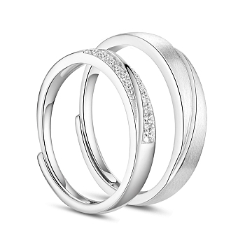 SHEGRACE Adjustable Frosted 925 Sterling Silver Couple Rings, with AAA Cubic Zirconia, Size 7 and Size 9, Platinum, 17mm and 19mm