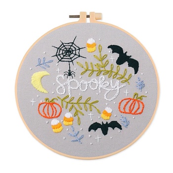 Halloween Themed DIY Embroidery Sets, Including Imitation Bamboo Embroidery Frame, Iron Pins, Embroidered Cloth, Cotton Colorful Embroidery Threads, Gainsboro, 30x30x0.05cm