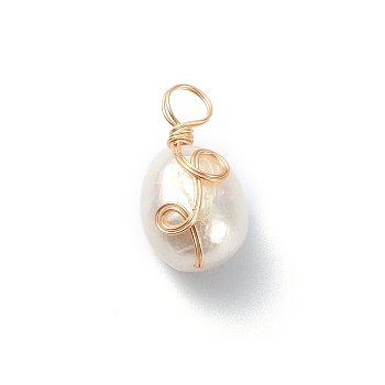 Grade AA Natural Cultured Freshwater Pearl Pendants, Long-Lasting Plated Eco-Friendly Copper Wire Wrapped Pearl Charms, Two Sides Polished, Golden, 16.5x8.5x8mm, Hole: 3.5mm