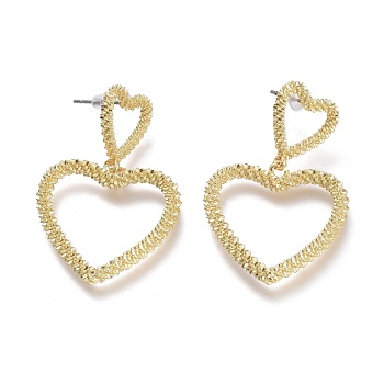 Brass Dangle Stud Earrings, with 304 Stainless Steel Pins and Plastic Ear Nuts, Textured Heart, Real 18K Gold Plated, 38mm, Pin: 0.7mm
