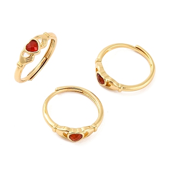 Hand with Heart Natural Carnelian Agate Adjustable Rings, Brass Ring for Women, Long-Lasting Plated, Lead Free & Cadmium Free, Inner Diameter: 18mm