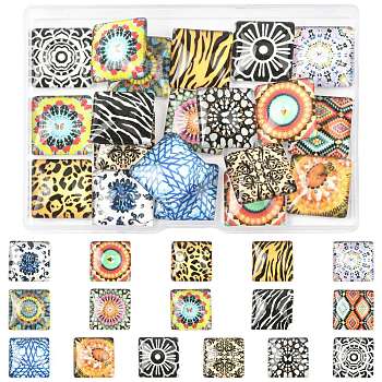 20Pcs Printed Glass Square Cabochons, Mixed Color, 20x20x5mm