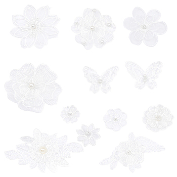 12Pcs 12 Style Flower/Butterfly Polyester Embroidery Sew on Clothing Patches, with Plastic Imitation Beads, Organza Applique, Sewing Craft Decoration, Mixed Patterns, 34~130x34~100x0.5~2mm, 1pc/style