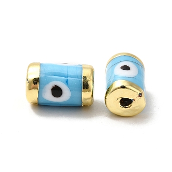 Handmade Evil Eye Lampwork Beads, with Light Gold Tone Brass Findings, Long-Lasting Plated, Lead Free and Cadimum Free, Column, Light Sky Blue, 14.5~15x9~9.5mm, Hole: 1.8mm
