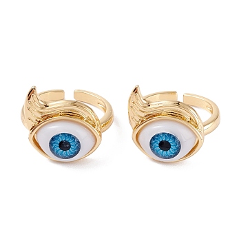 Brass Cuff Rings, Open Rings, with Resin Beads, Long-Lasting Plated, Real 18K Gold Plated, Evil Eye, Dodger Blue, 3mm, Inner Diameter: 17mm