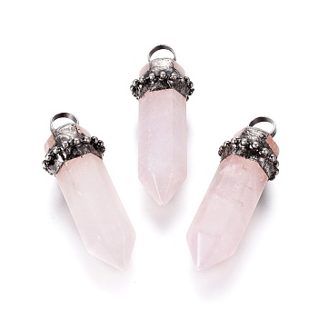 Natural Rose Quartz Big Pointed Pendant, with Brass Findings, Bullet, Platinum, 52.5~60.5x21~22x20~22mm, Hole: 8mm