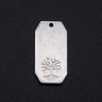 201 Stainless Steel Pendants, Rectangle with Tree, Stainless Steel Color, 24x12x1mm, Hole: 1.2mm