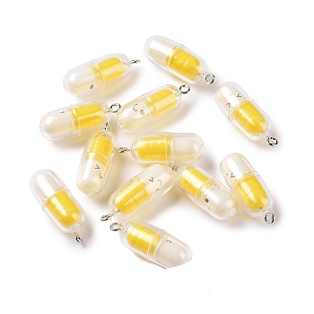 Translucent Plastic Pendants, Pill Capsule Charm, with Platinum Tone Iron Loops, Yellow, 29x10.5mm, Hole: 2mm