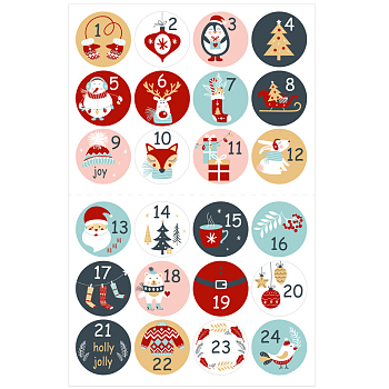 Christmas PVC Plastic Sticker Labels, Self-adhesion, for Suitcase, Skateboard, Refrigerator, Helmet, Mobile Phone Shell, Round, Number 1~24 Pattern, Mixed Color, 45mm,  Sheet: 31x20mm, 24pcs/sheet