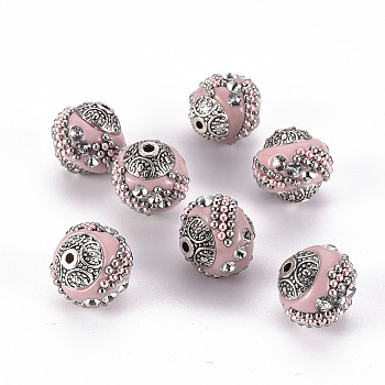 Handmade Indonesia Beads, with Rhinestones and Alloy Cores, Round, Antique Silver, Flamingo, 14~16x14~16mm, Hole: 1.5mm