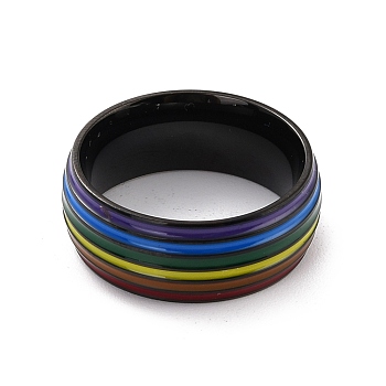 Rainbow Pride Finger Ring, Stripe Grooved Flat Titanium Steel Finger Ring for Women, Electrophoresis Black, US Size 7(17.3mm)