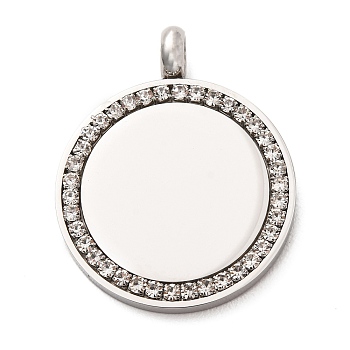 304 Stainless Steel Pendants, with Crystal Rhinestone, Flat Round Charms, Stamping Blank Tag, Stainless Steel Color, 37x29.5x7.5mm, Hole: 5mm