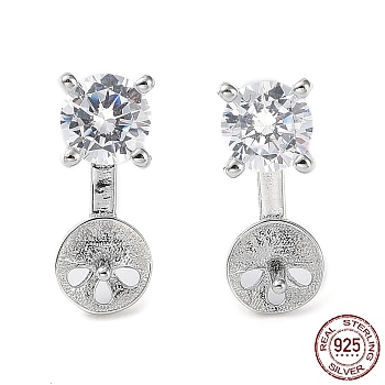 Rhodium Plated 925 Sterling Silver with Cubic Zirconia Stud Earring Findings, with S925 Stamp, for Half Drilled Pearl Beads, Flat Round, Real Platinum Plated, 12x4.8mm, Pin: 0.7mm & 0.8mm