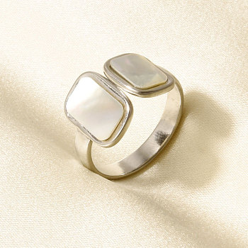 304 Stainless Steel with Natural Shell Cuff Open Rings for Women, Rectangle, Stainless Steel Color, 13mm, Inner Diameter: 17mm