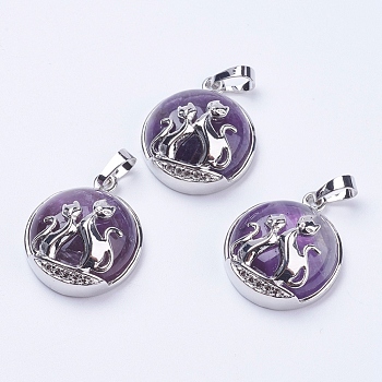 Natural Amethyst Pendants, with Brass Findings, Flat Round with Fox, Platinum, 28~29x23~24x9~10mm, Hole: 5x7mm