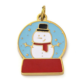 Christmas Theme Ion Plating(IP) 304 Stainless Steel Enamel Pendants, with Jump Ring, Manual Polishing, Real 18K Gold Plated, Snowman, 16.5x12x1.5mm, Hole: 2.5mm