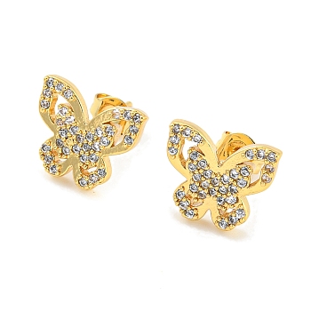 Butterfly Shape Rack Plating Brass Micro Pave Cubic Zirconia Stud Earrings, Long-Lasting Plated, Cadmium Free & Lead Free, Real 18K Gold Plated, 9.5x11.5mm