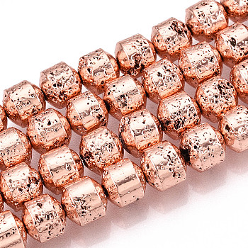 Electroplated Natural Lava Rock Beads Strands, Column, Rose Gold Plated, 6x6mm, Hole: 1.2mm, about 62pcs/strand, 15.75 inch(40cm)