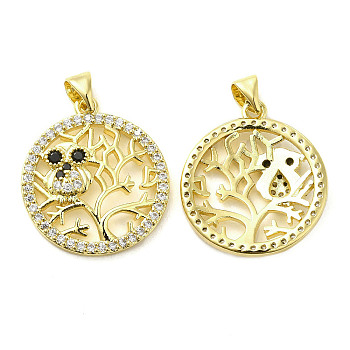Rack Plating Brass Micro Pave Cubic Zirconia Pendants, Long-Lasting Plated, Cadmium Free & Lead Free, Flat Round with Owl Charm, Real 18K Gold Plated, 23x20.5x3.5mm, Hole: 4x3.5mm