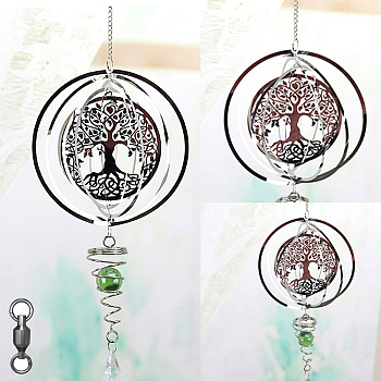 Stainless Steel Wind Chines, Outdoor, Home Hanging Decoration with Yellow Green Glass Beads, Stainless Steel Color, Tree of Life Pattern, 500x145mm